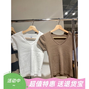 纯棉V领螺纹短袖 Brandy bm美式 Girl虞书欣同款 t恤女 针织上衣