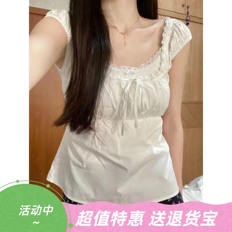 美式复古系带打褶方领无袖衬衫