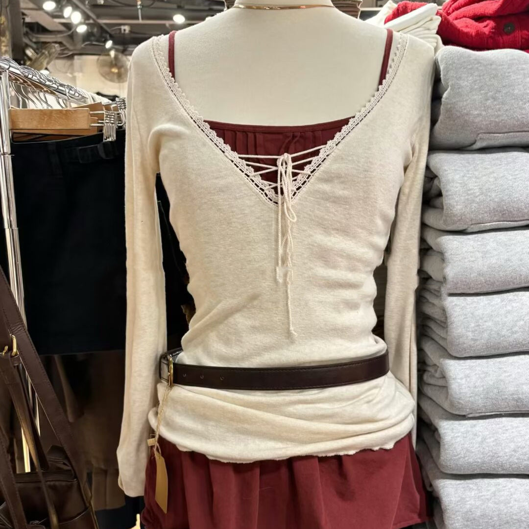 蕾丝拼接V领绑带长袖T恤