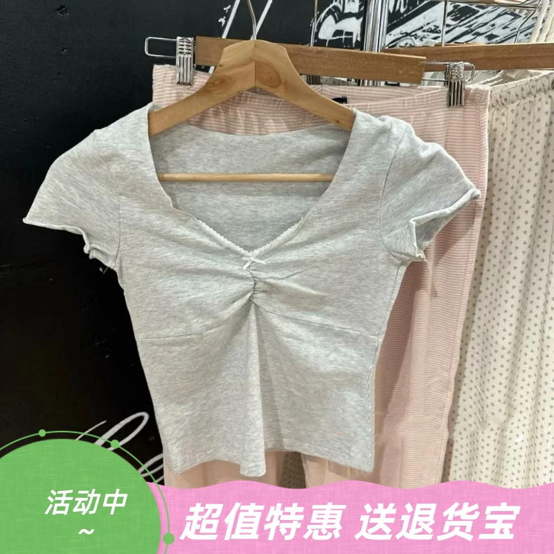 美式复古打褶花边蝴蝶结短袖T恤