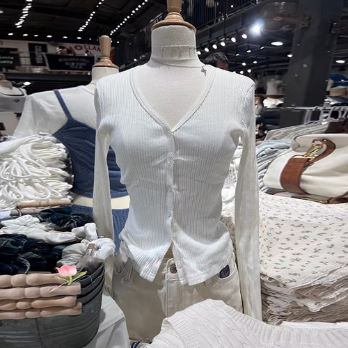 美式复古花边领V领纽扣长袖