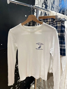 T恤bm修身 复古字母印花纯棉圆领简约长袖 显瘦上衣 Girl美式 Brandy