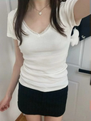 Brandy 性感纯欲上衣 T恤bm修身 Girl美式 复古蕾丝边V领蝴蝶结短袖