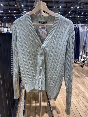 美式复古V领麻花针织单排扣开衫