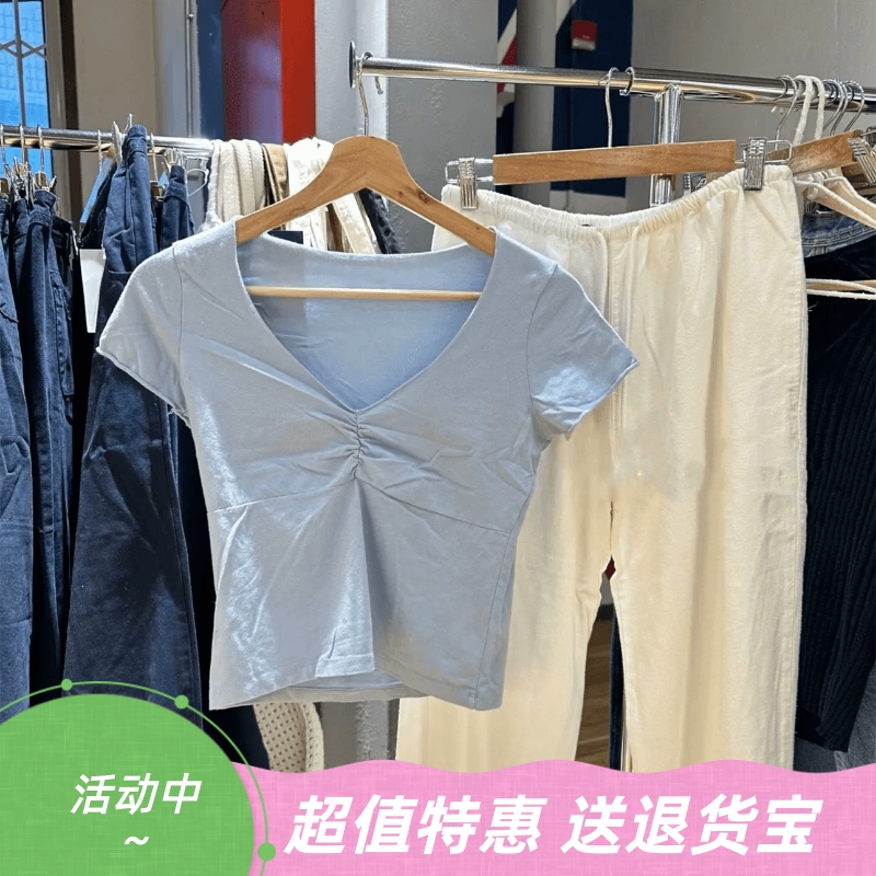 美式复古打褶V领短袖上衣