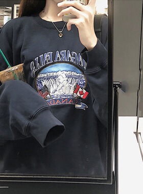 Brandy Girl美式肯豆同款bm风藏青色加绒瀑布刺绣卫衣情侣款潮