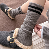 深灰色小腿袜羊毛袜子女长筒袜秋冬加厚款 保暖条纹堆堆袜配勃肯鞋