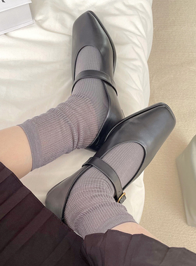 灰色堆堆袜子女夏季薄款搭配黑色小皮鞋中长筒小腿袜miu系芭蕾风