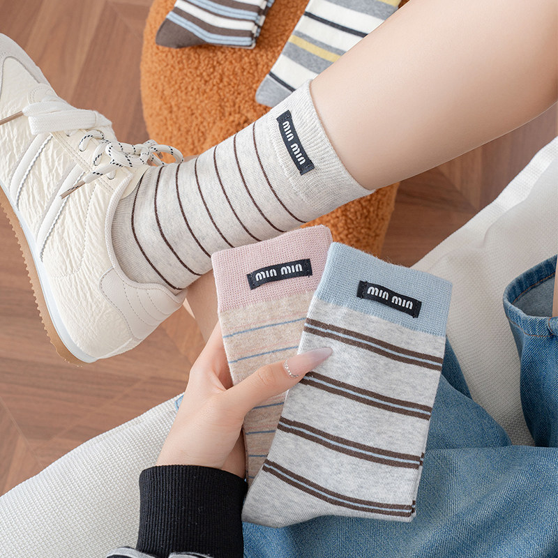 条纹袜子女中筒袜ins潮纯棉春秋