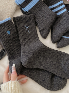 深灰色羊毛袜子女秋冬加厚保暖蓝色条纹百搭运动ins潮外穿长筒袜