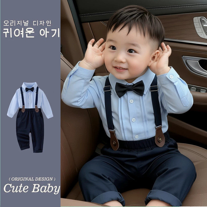 男宝宝一周岁生日礼服英伦帅气婴幼儿抓周生日宴小西装背带裤套装