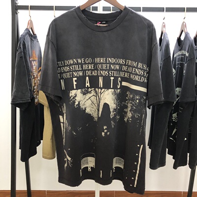 美式高街复古做旧灰暗世界印花独特满印男女同款宽松圆领短袖T恤