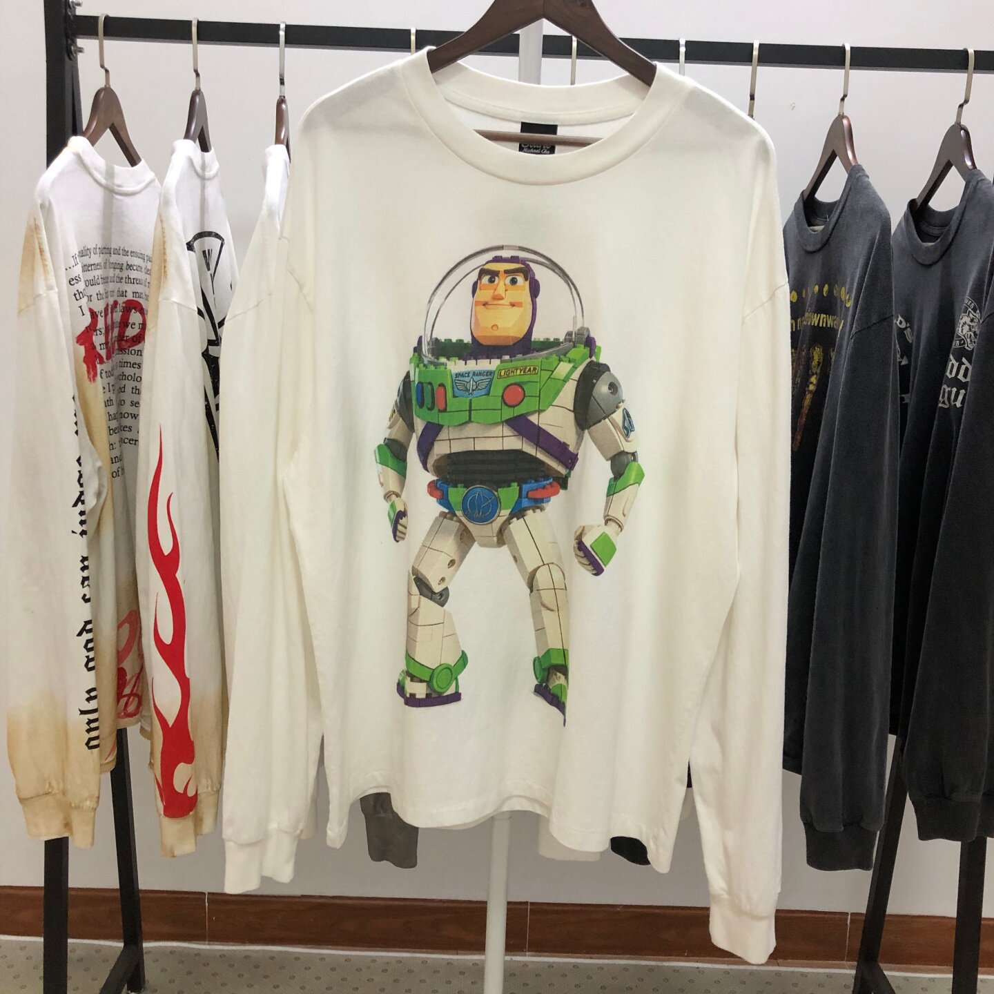 Saint Michael卡通趣味印花洗水做旧长袖T恤宽松潮牌休闲上衣潮