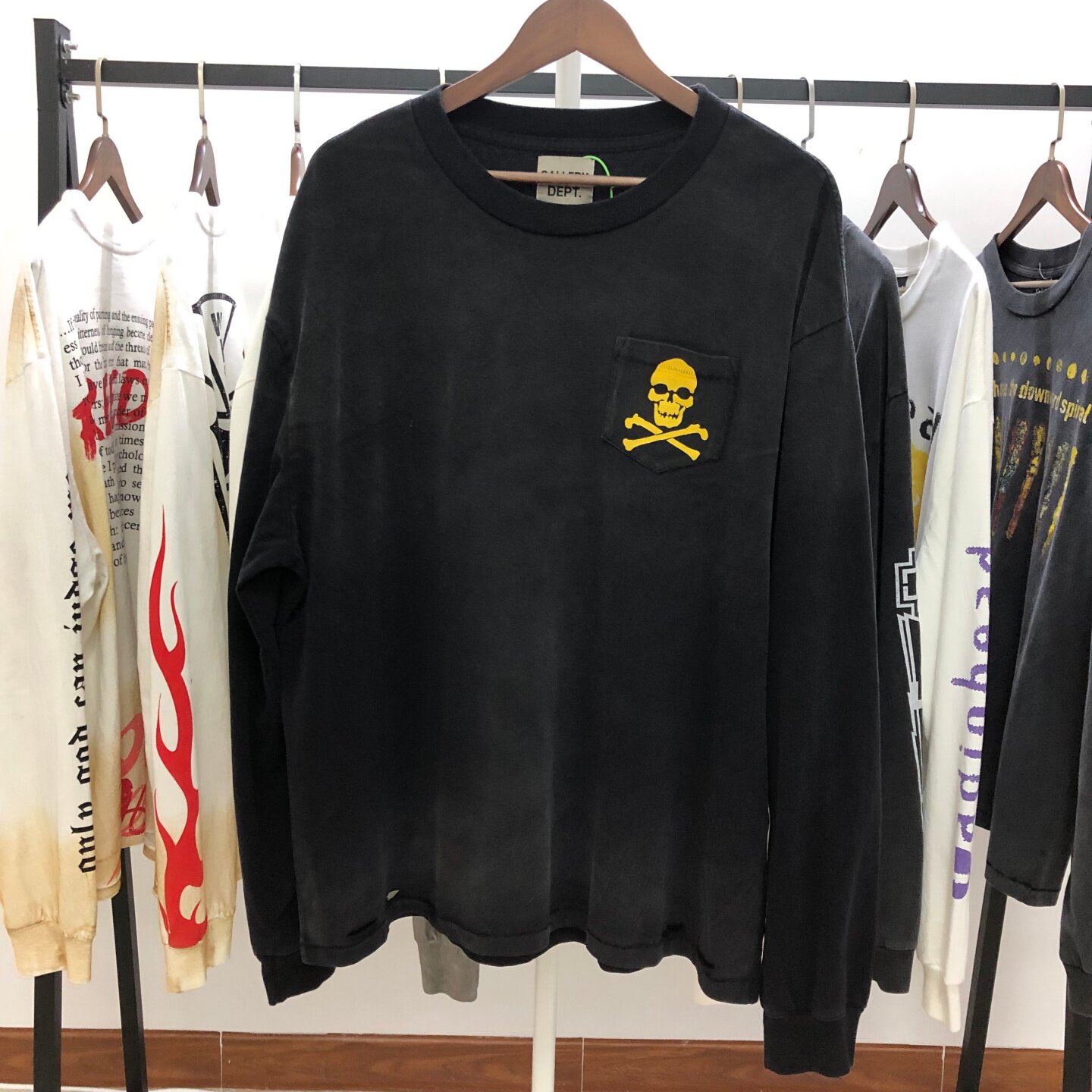 GALLERY DEPT 骷髅交叉骨标语洗水做旧破坏长袖T恤男女潮