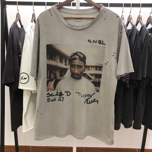 2Pac THUG LIFE 限定 致敬2Pac洗水做旧破坏朋克风短袖T恤男女潮