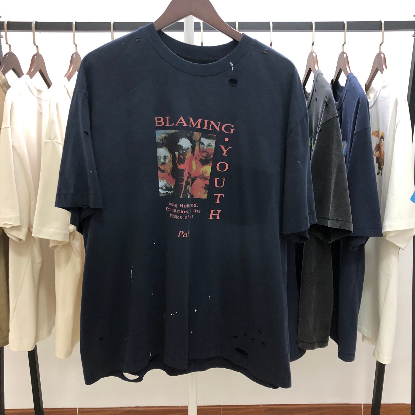 Paly Hollywood FW26 棟梁 石洗做旧破洞泼墨印花短袖T恤男女潮