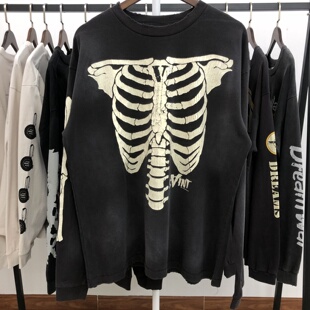 Saint Michael骷髅骨架美式高街VTG水洗宽松长袖打底T恤男女ins潮