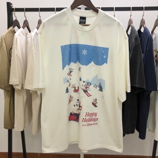 2026夏季新款米奇滑雪印花短袖t恤女休闲美式宽松慵懒风纯棉上衣