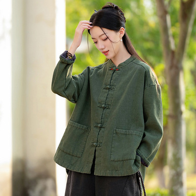 默念依旧原创布衣加厚夹棉外套女冬季苎麻砂炒中式复古对襟棉衣