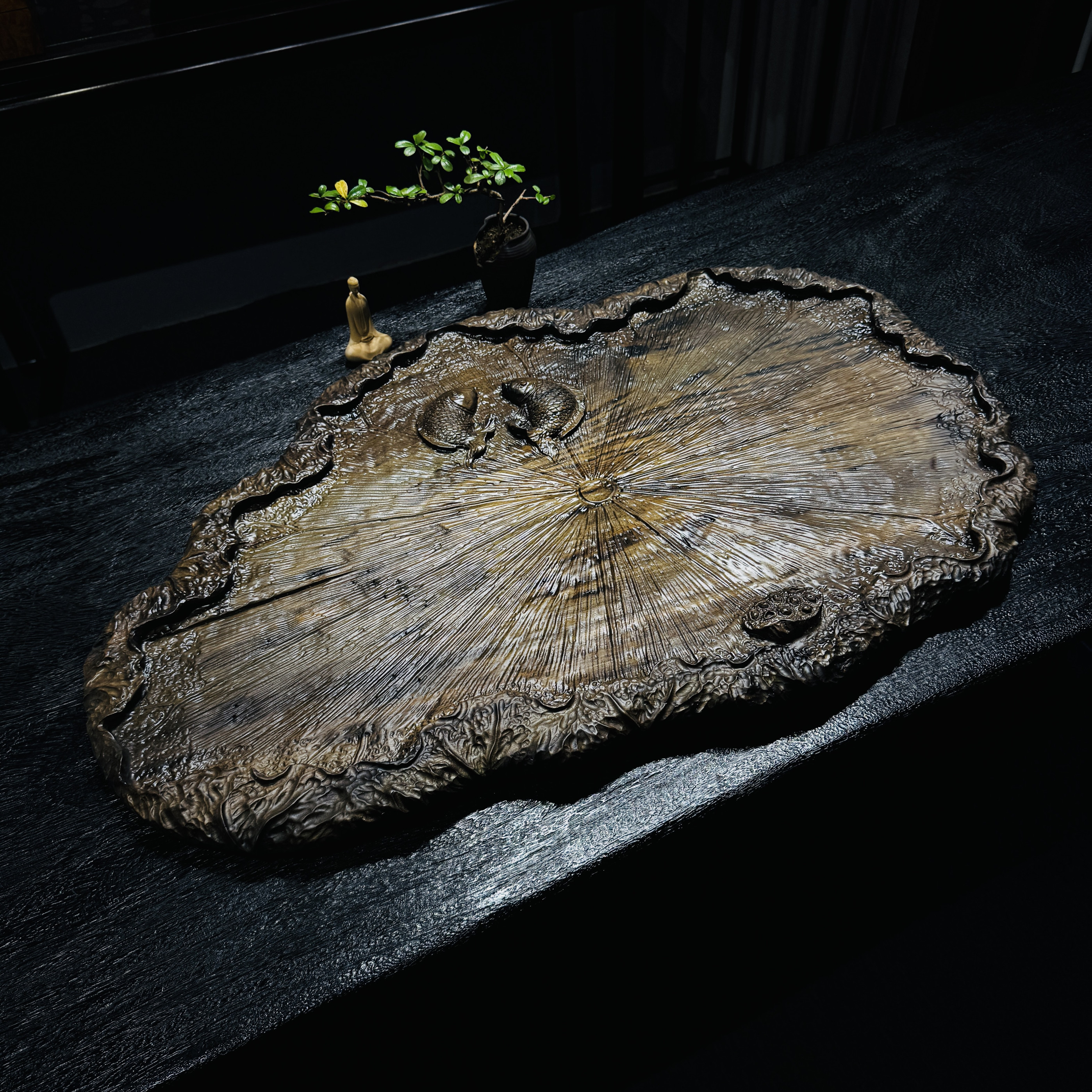 阴沉金丝楠木手作大型荷叶果盘家茶盘