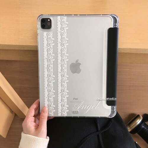 韩系法式白蕾丝闪钻iPad壳笔槽
