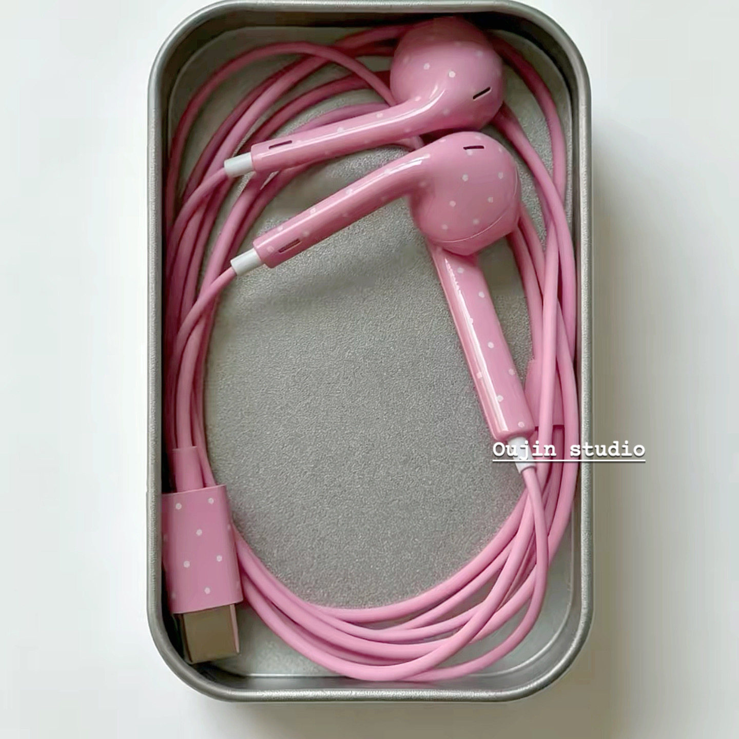 韩系ins风可爱玫粉色绿色波点有线耳机入耳式噪耳机女生少女风
