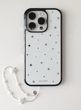 韩系ins风简约高级感镜面透明星星印花星星链条挂绳iphone17/16promax/15pro/14/13手机壳黑边硬壳防摔保护套