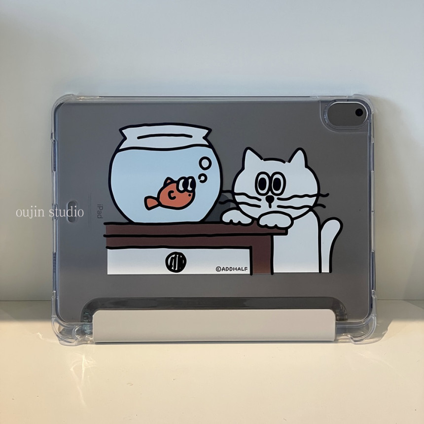 韩国ins小众设计可爱呆萌猫咪鱼缸插画皮套适用平板电脑iPad保护壳2025/11代air5平板套防摔软壳带笔槽支架