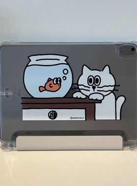 韩国ins小众设计可爱呆萌猫咪鱼缸插画皮套适用平板电脑iPad保护壳2025/11代air5平板套防摔软壳带笔槽支架