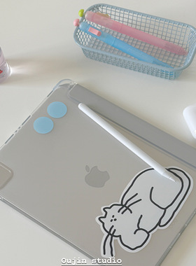 韩系ins风小众设计可爱卡通白色大懒猫适用ipad202511代/10.9寸/2022pro11/10.2寸ipad平板电脑保护套笔槽