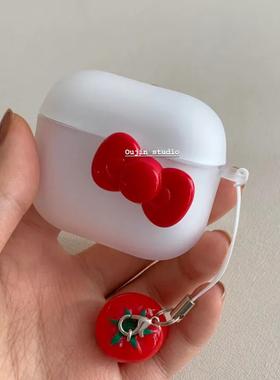 日韩可爱少女萌系红色蝴蝶结磨砂耳机套适用airpods4/airpod pro2/3代番茄挂饰无线蓝牙保护套简约半透软壳