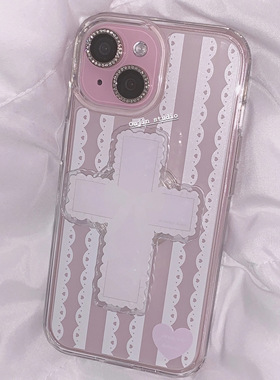 ins简约高级感可爱甜美蕾丝绑带少女心十字架少女心手机壳iphone17/16pro/15pro/14/13pro亚克力磁吸手机壳套
