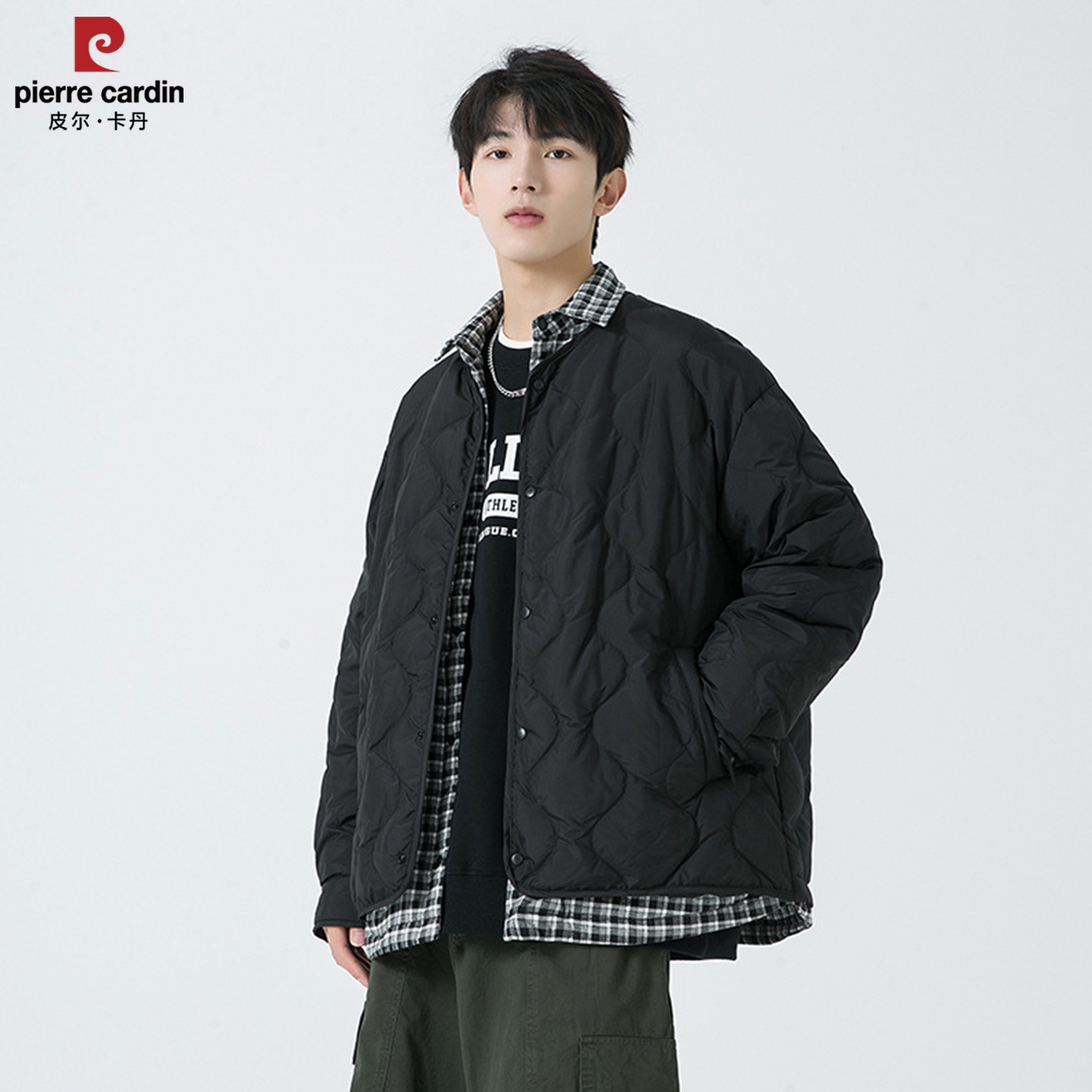 皮尔卡丹高品质羽绒服男女同款冬季假两件白鸭绒外套潮流翻领上衣