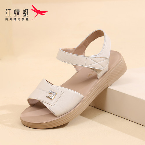 红蜻蜓平底真皮舒适一字带女鞋
