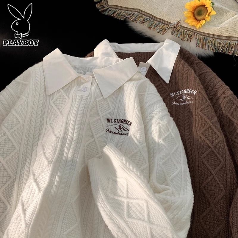 花花公子假两件刺绣毛衣男秋冬季潮牌男生学院风衬衫领针织衫外套