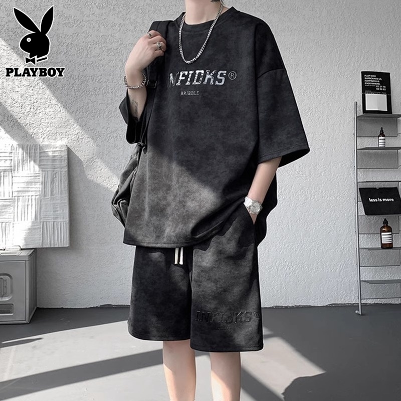 花花公子运动套装男士夏季潮牌扎染短袖短裤男生酷帅穿搭休闲一套