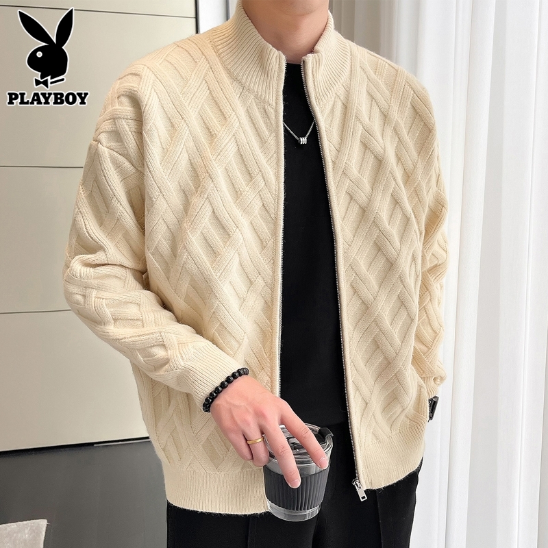 花花公子开衫毛衣男士秋冬季新款韩版休闲纯色宽松针织衫立领外套