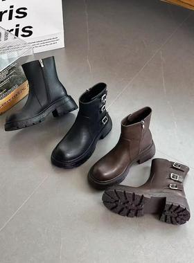 7-141013圆头修面皮切尔西靴低跟瘦瘦靴女靴加绒百搭女士靴子