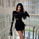 HELEN 不规则透视针织连衣裙辣妹微透气质显瘦包臀裙 黑纱交织