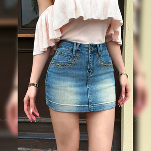 HELEN▶带安全裤▶包臀裙防走光复古水洗铆钉裙裤辣妹牛仔短裙女
