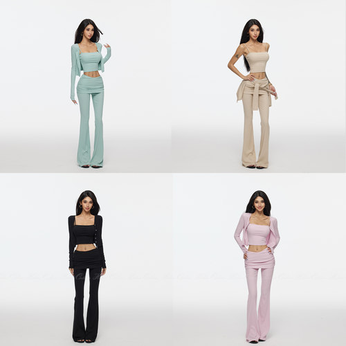 排扣开衫吊带微喇裤莱赛尔三件套