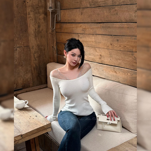 纱网露肩显瘦长袖 女性感修身 上衣 纯欲辣妹重工烫钻针织衫 HELEN