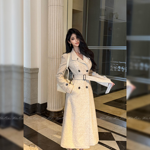 HELEN 夹棉外套女双排扣显瘦收腰腰带立领毛呢大衣 热感羊绒中长款
