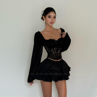 松紧腰蓬蓬裙半身短裙女 蛋糕裙黑色裙裤 HELEN 半糖黑天鹅