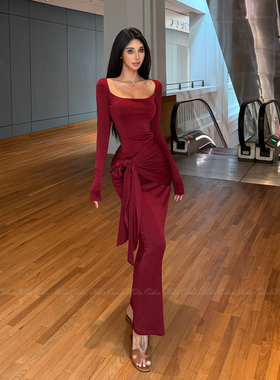 HELEN/维纳斯战袍多穿法绑带连衣裙气质方领收腰褶皱垂感长裙女