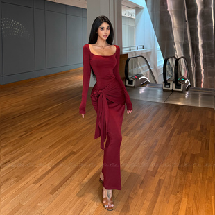 HELEN 维纳斯战袍多穿法绑带连衣裙气质方领收腰褶皱垂感长裙女