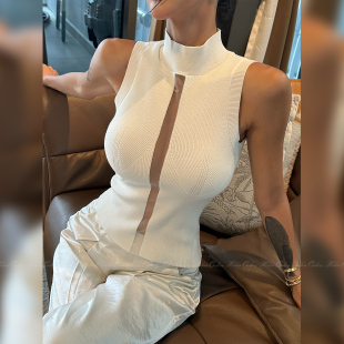 露肩上衣 气质半高领辣妹无袖 HELEN 老钱风性感镂空透视显瘦针织衫