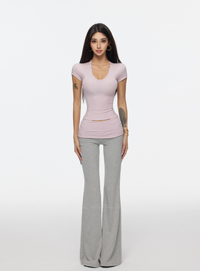 HELEN/芋泥啵啵/莱赛尔美式甜心纯欲正肩短袖撞色翻边微喇裤套装