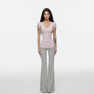 芋泥啵啵 套装 莱赛尔美式 撞色翻边微喇裤 甜心纯欲正肩短袖 HELEN