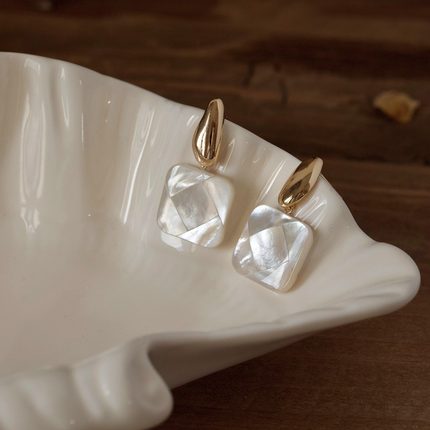 JUNJUNSTUDIO天然贝壳切面耳环女高级感轻奢耳钉耳饰耳坠方形耳夹